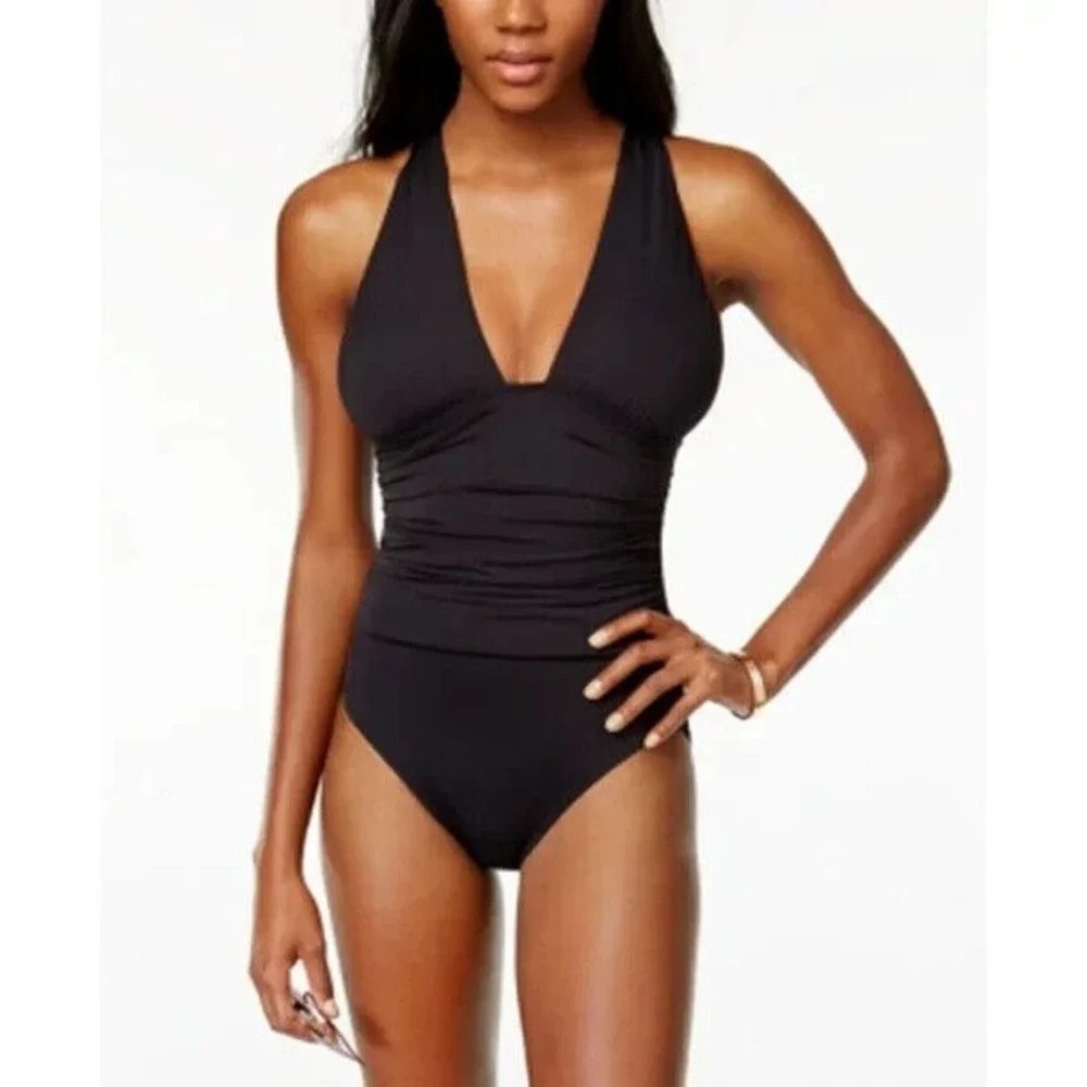 MICHAEL MICHAEL KORS Solid Convertible Ruched One Piece Black Size‎ 14